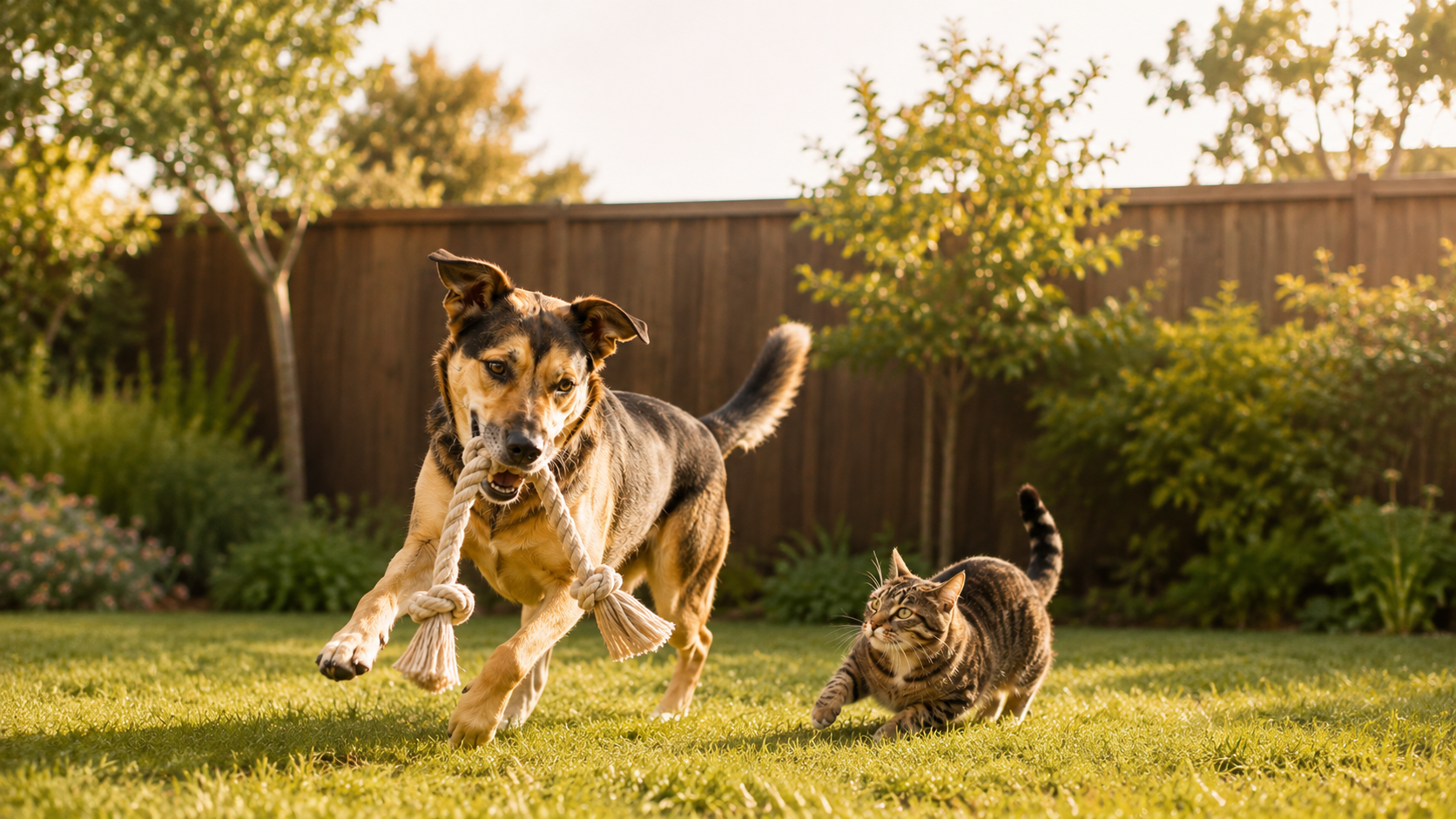 Un perro y un gato jugando juntos en un patio soleado