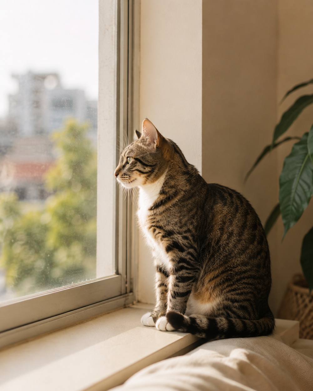 Un gato mirando por la ventana de un departamento